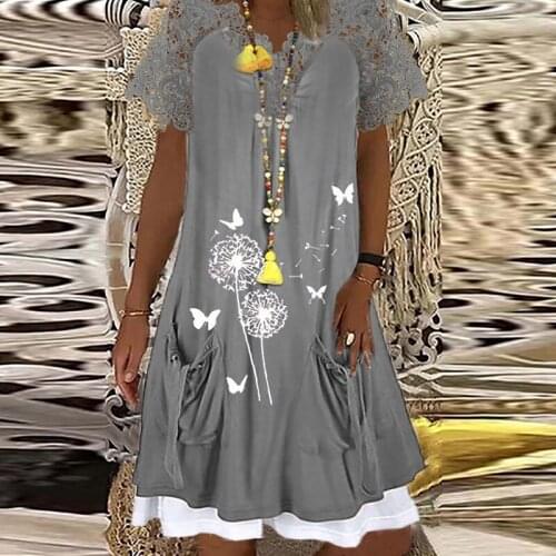 2021 New Casual V Neck A-Line Beach Dress Summer Lady Short Sleeve Print Mid Dress Vestido Elegant Women Pocket Streetwear Dress