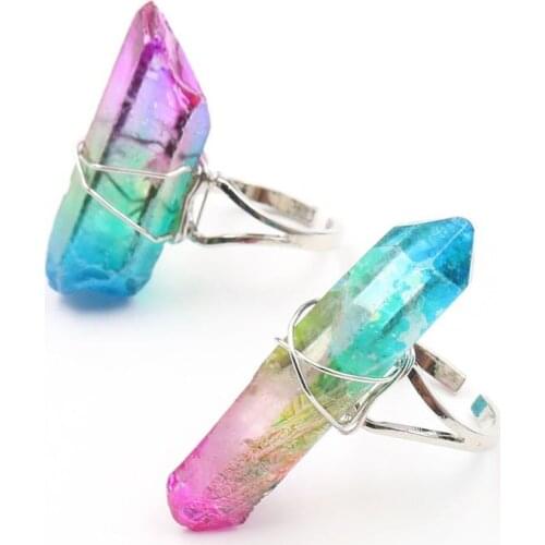 Healing Rainbow Quartz Cuff Opening Adjustable Ring Colorful Natural Crystal Clear Quartz Rings for Women Gifts Wedding Jewelry