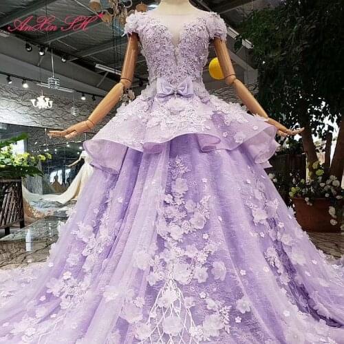 AnXin SH luxury princess beading crystal purple lace wedding dress vintage o neck bride rose violet ruffles wedding dress 326