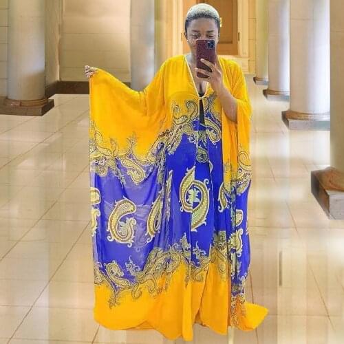 Africa Fashion High Quality Two Pieces Set Women Sexy V-neck Exquisite Print Long Sleeve Loose Maxi Robe For Party Noble Clothes