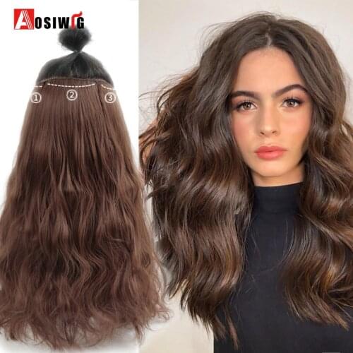 AOSIWIG Long Straight Wavy/Curly Black Brown Synthetic Hair Extensions Clips In High Temperature Fiber Fake Hairpieces for Women