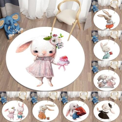 Cartoon Bunny Print Children Carpet Rabbit Area Rugs Round Carpet for Living Room Floor Mat Flannel Anti-Slip Mat for Children