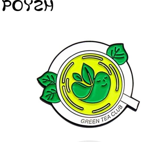 A cup of fragrant green tea Enamel Brooch Smile Green Tea Club Lapel Pin Creative Kung Fu Tea Bags clothes Custom Badge