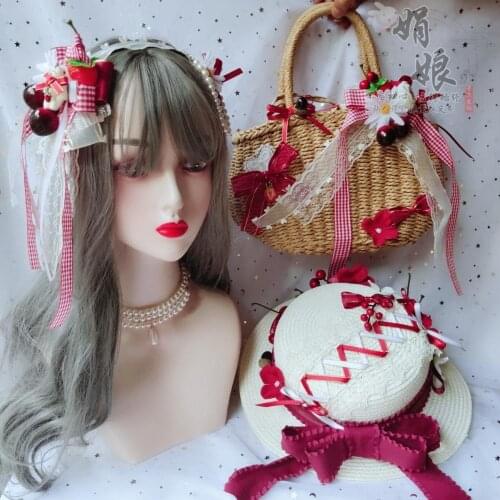 Handmade Lolita Ornament Pastoral Style Strawberry Berry Lace Bow Straw Hat Mori Girl Kawaii Storage Bag Portable Weave Handbag