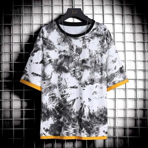 2021 Summer New Hip-hop Mens Tie-dye T-shirt Loose Multi-color Bottom Shirt Round Neck Short Sleeve T-shirt