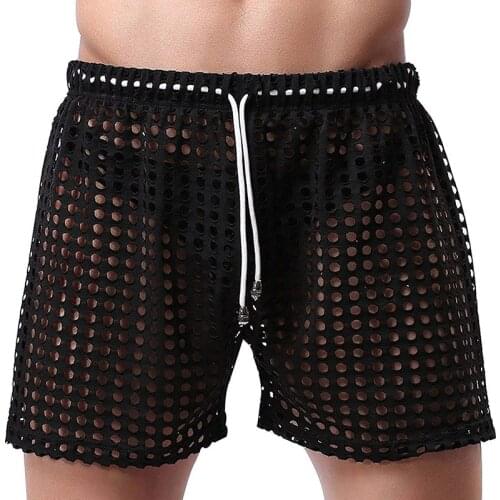 Mens Sexy Boxer Shorts Mesh Hollow Openwork Drawstring Lounge Underwear Bikini Cover up Swim Trunks Casual Beach Board Short New