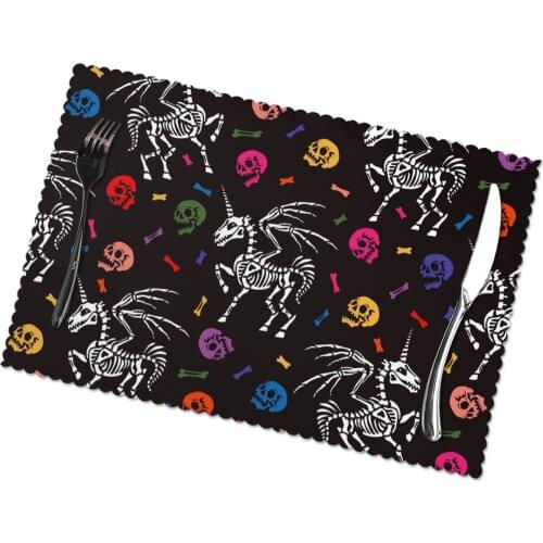 Set of 6 Skeleton Of Pegasus Unicorn With Horn Wings Placemats for Dining Table Place Mat in Kitchen Accessories Cup Wine Mat