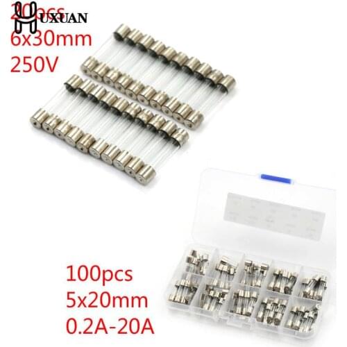 20/100pcs 5*20mm 6*30mm Fuse Assorted Kits DIY Quick Blow Glass Tube Fast-blow Glass Fuses 0.2A 0.5A 1A 2A 3A 5A 8A 10A 15A 20A