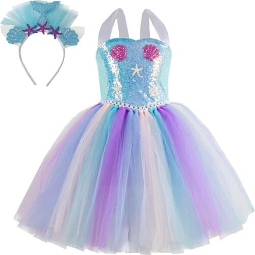 2021 New Fashion Mermaid Dresses for Girls Kids Toddler Baby Girls Cosplay Mermaid Princess Tutu Dresses Headband Party Clothes