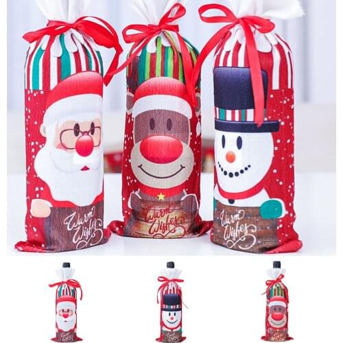 New Wine Champagne Bottle Cover Cloth Cartoon Snowman Old Man Home Party Drawstring Pouch Christmas Decor