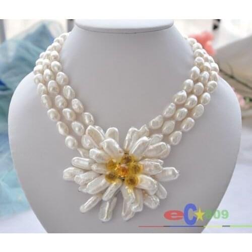 Wholesale 3row white baroque pearl handmade biwa flower necklace