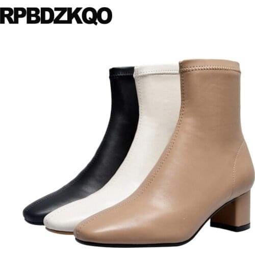 Fall Women Ankle Boots Medium Heel Fur Beige Winter 2021 Thick Plus Size Square Toe Luxury Shoes Black Block Chunky Big Autumn