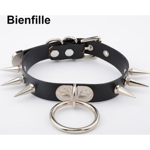 Gothic Kawaii First Layer Genuine Leather Choker O Round Spikes Rivet Handmade Punk Spiked Collar Fetish Buckle Necklace