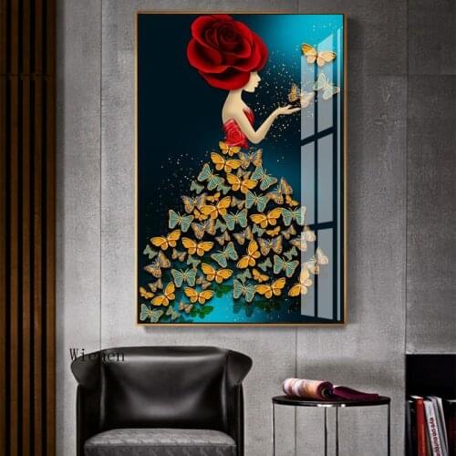 Nordic Modern Style Poster Characters Colorful Flowers Butterfly Abstract Girl Canvas Decor Painting for Living Room Aisle