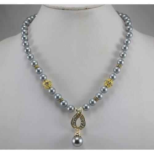 Simply style 8mm gray shell pearl necklace and 14mm pendant necklace for weing and anniversary