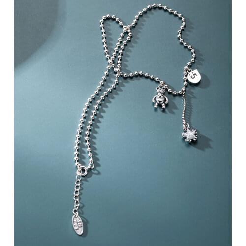 925 Sterling Silver Bear Star Zircon Pendant Thai Silver Necklace With Long Chain Tassel Necklace for Women Jewelry Gifts S-N648