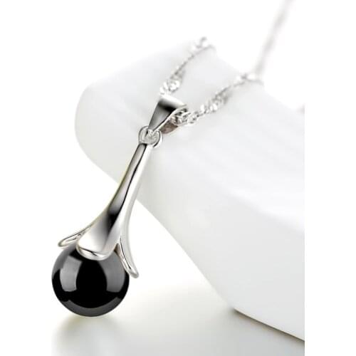 925 Sterling Silver Water Drop Luck Leaf Red Black Stone Pearl Opal Crystal Ball Pendant Necklace Jewelry For Women S-N135