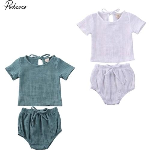2020 Baby Summer Clothing Newborn Kids Baby Boy Girl Clothes Cotton&Linen Tops+Shorts Pants Solid 2pcs Short Sleeve Outfits Set