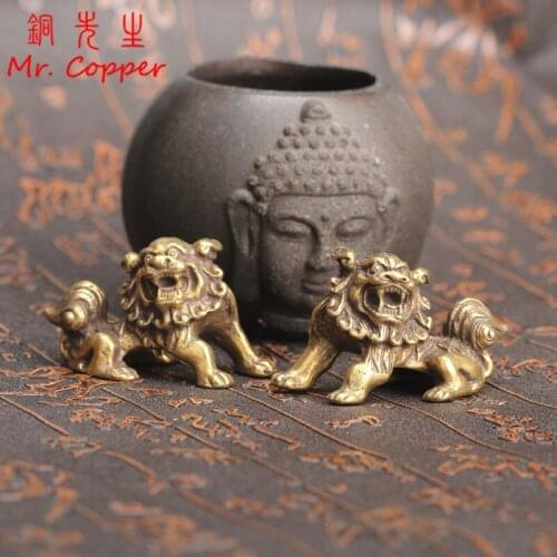 1 Pair Solid Copper Lions Statue Home Decoration Crafts Desktop Ornaments Brass Animals Miniature Figurines Accessories Tea Pets