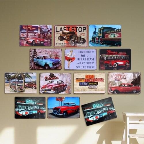 Diner red car Vintage Tin Sign Bar pub home Wall Decor Retro Metal Art Poster