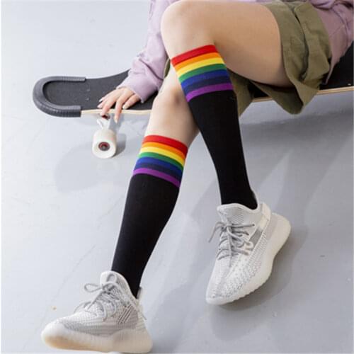 Japanese Cotton Rainbow Stripes Knee Socks Christmas Gifts Warm Stockings Harajuku Cute Korean Middle Tube Sock for Women Girls