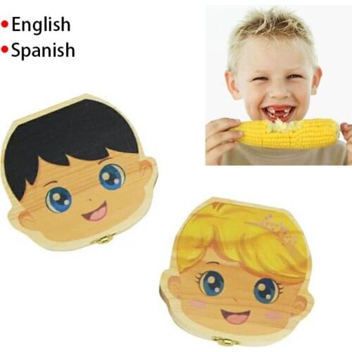 HOT Wooden English Spanish Baby Tooth Box Kids Milk Teeth Collect Caja De Dientes Baby Tooth Organizer Baby Gift Boys Girls New