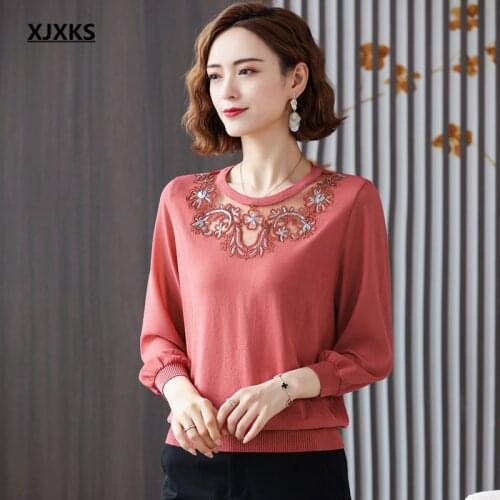 XJXKS Exquisite sequin stitching sweater women pullover 2021 autumn new loose plus size women knitted thin sweater