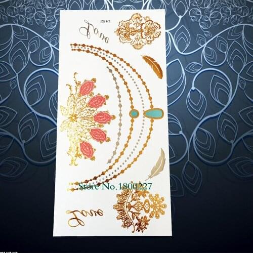 Gold Blossom Necklace Metallic Flash Tattoo Henna Flower Temporary Tattoo Sticker 21x10cm Waterproof Tatoo Body Art Tatto Women