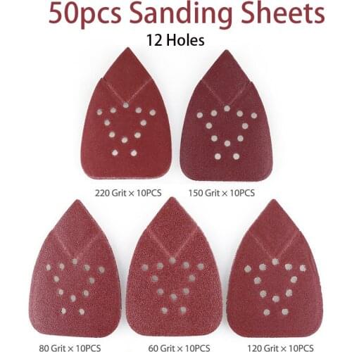 50pcs 12 Holes 60-220# 95mm Triangle Sanding Discs Sheet Mouse Sandpaper Pad Mix Abrasive Tools