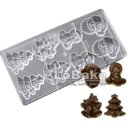 8 cavities lovely santa claus Christmas charactor evergreen tree jingle bell Shape Polycarbonate chocolate mold for kitchen bake