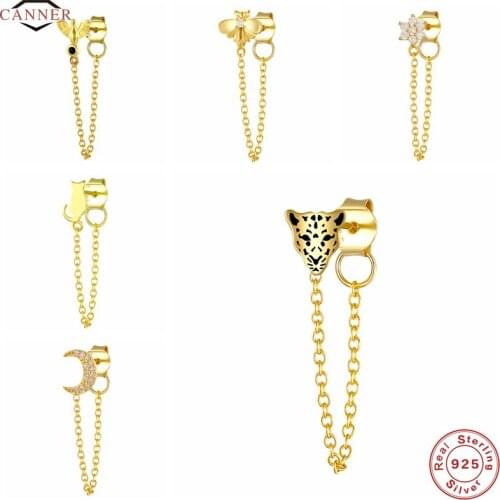 CANNER 1Pc 925 Sterling Silver Chain Tassel Stud Earrings For Women Bee/ Leopard Head/ Cat Piercing Earring Jewelry Pendientes
