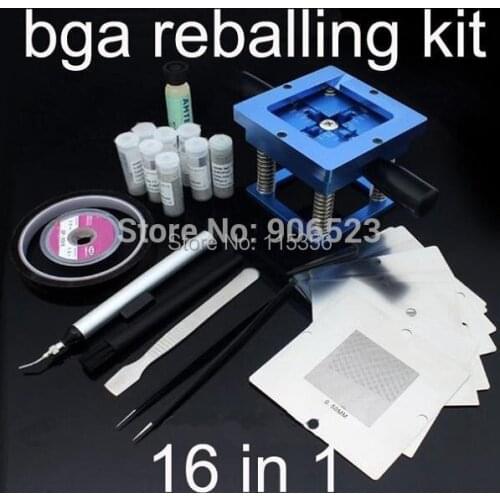 Free shipping 16 in 1 bga reballing kit 90mm 10pcs universal stencils with 90mm reballing station + 14 free gifts