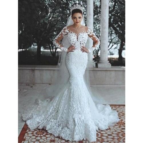 Sparkly Lace Wedding Dress Mermaid Illusion Bodice vestido de noiva Long Sleeve Sheer Neck Appliques Bridal Gowns 2020 Spring