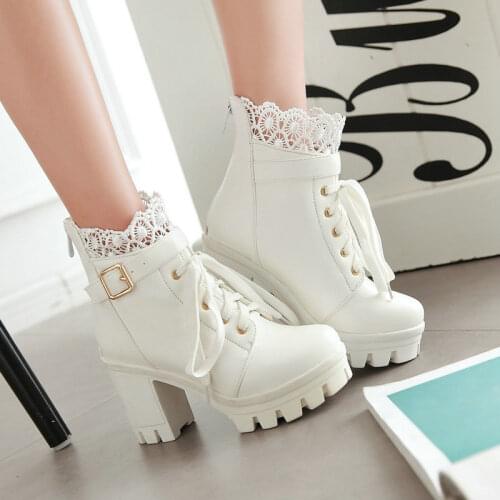 Vogue boots womens Platform Thick High Heel Lace Up Ankle Boots Platform Square heel Lace Student warm Snow Boots Plus Size88