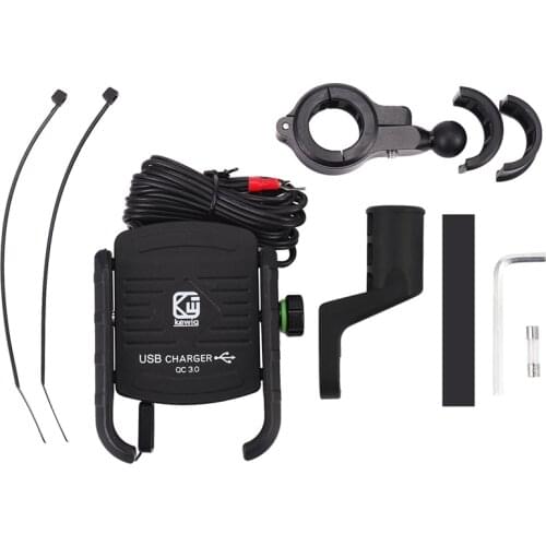 Kewiq QC3.0 USB Fast Charging Aluminium Alloy Motorcycle Phone Holder With USB Charger 360 Degree Rotate Motorbike Mobile Phone