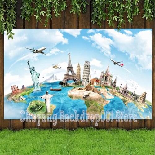 Travel World Backdrop Wedding Birthday Party Eiffel Tower Statue Of Liberty Map Photography Background For Photo Studio