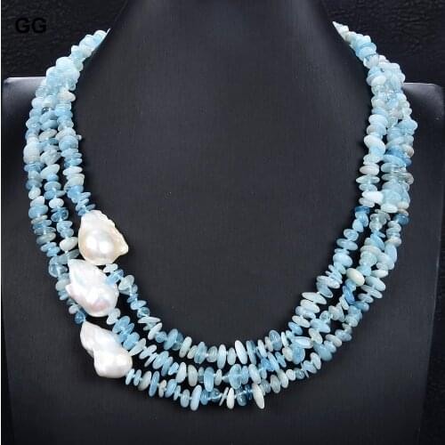 GuaiGuai Jewelry 21“ 3 Strands 26mm Natural White Keshi Pearl Blue Aquamarine Necklace