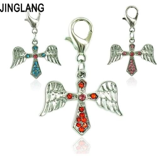 JINGLANG Fashion Lobster Clasp Charms Dangle Rhinestone Wing Cross Pendants DIY Charms For Jewelry Making Accessories