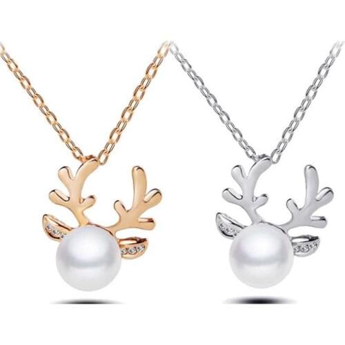 European And American Fashion Cute Christmas Gifts Set With Crystal Imitation Pearl Antler Pendant Gold And Silver Necklace