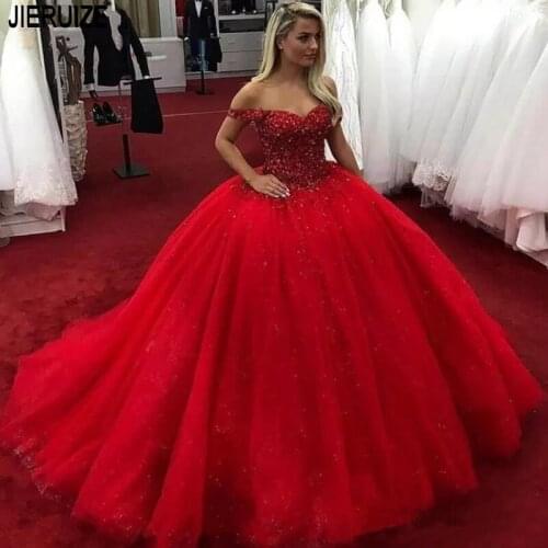 JIERUIZE Red Ball Gown Wedding Dresses V Neck Off Shoulder Beaded Lace Up Back Gorgeous Tulle Wedding Gowns vestido de noiva