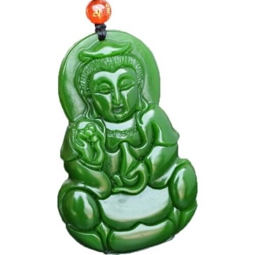 Goddess Pendant Jewelry Green Nephrite Avalokitesvara Bodhisattva Kwan-Yin Patron saint Necklace Pendant Free Shipping