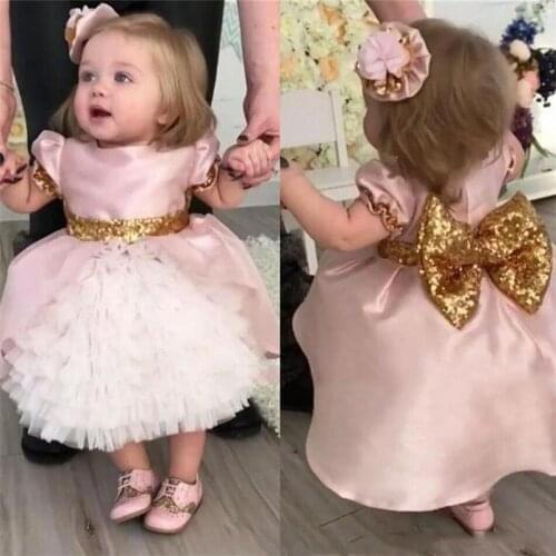 Cute baby pageant party dresses with gold sequined bow white tulle ball gown flower girls dresses with satin overskirt princess