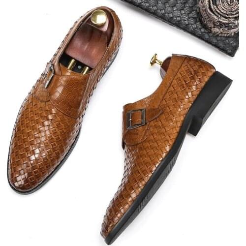 Trendy Buckle Handmade Weave Business Casual Shoes Spring Summer Men Genuine Leather Dress Shoes Mens Quality Office Work Shoes