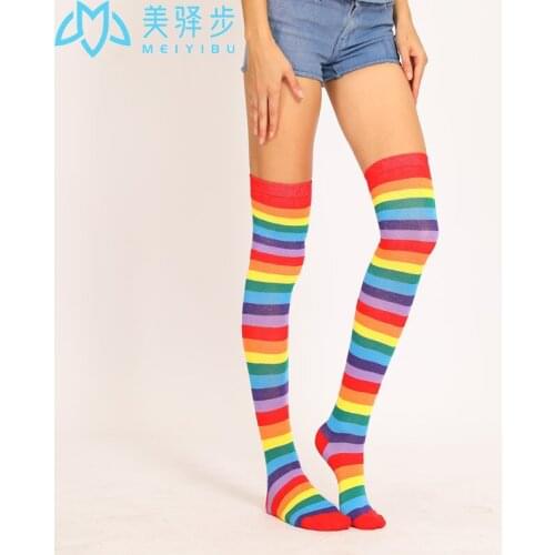 6 Pairs Per Set Colorful Socks Rainbow Stripe Long Tube Knee Socks Party Stocking Female Holiday Stocking Girl