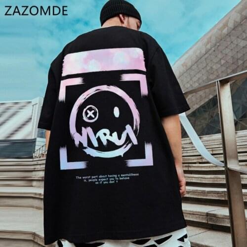 ZAZOMDE New Hip-hop Harajuku T-shirt High Street T-shirt Trend Short-sleeve TShirts Men Oversize Loose Top Graffiti Smiley Tees