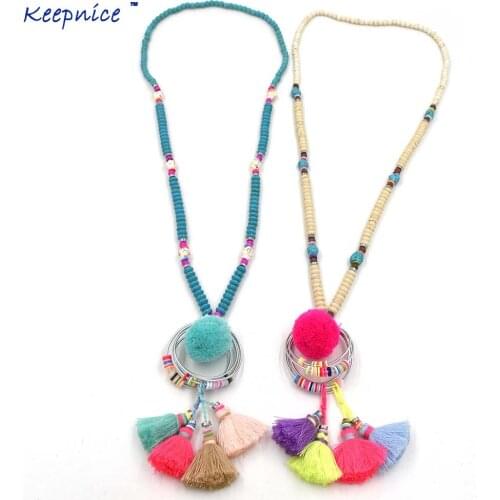 New Bohemian beaded chain long fringe colorful tassel long Necklace Pink Pompous pompom Pendants Necklace for women