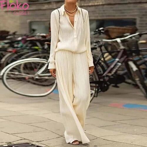 Flokocloset Casual Autumn Solid Color Long Pant Suits Long Sleeve Shirt and Pants Spring Women Two Piece Set