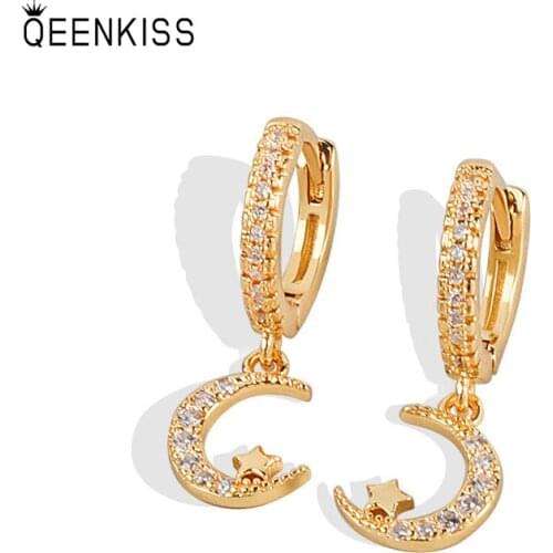 QEENKISS EG652 Fine Jewelry Wholesale Fashion Woman Girl Birthday Wedding AAA Zircon Crescent 18KT Gold White Gold Hoop Earrings
