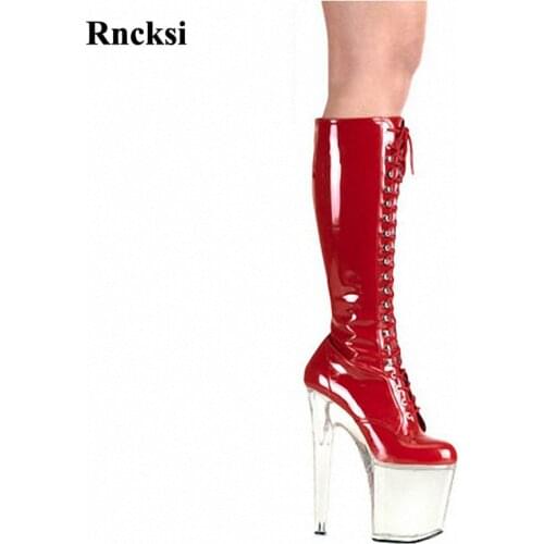 Rncksi Girls Party Queen Zipper Chick Heels Transprant Platform Womens Boots Dance Shoes 20cm Heels High Knee High Boot