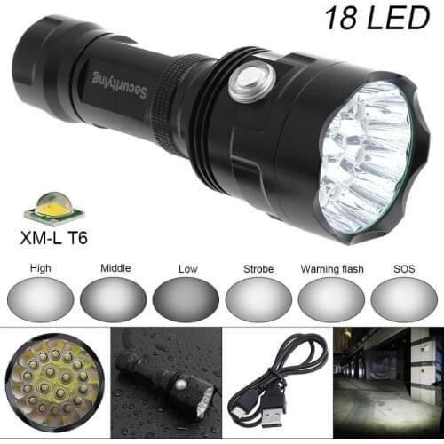 SecurityIng Super Bright 18x XM-L T6 LED 8000 Lumens Waterproof Flashlight Torch with 6 Modes Light Support USB Charging